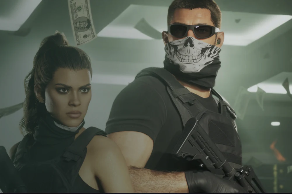 Jason and Lucia in tactical gear during a Leonida heist